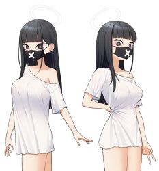 Rule 34 | 1girl, 28 (282teeth), absurdres, alternate costume, baggy clothes, before and after, black hair, black mask, blue archive, blunt bangs, blunt ends, breasts, halo, highres, large breasts, long hair, looking at viewer, mask, meme, mouth mask, multiple views, no pants, oversized clothes, oversized shirt, pajamas challenge (meme), shirt, simple background, single bare shoulder, straight hair, sukeban (smg) (blue archive), v, very long hair, white background, white shirt, x