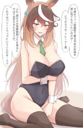 Rule 34 | 1girl, absurdres, alternate costume, animal ears, arm under breasts, bare shoulders, black leotard, black thighhighs, blush, breasts, brown hair, check commentary, commentary, commentary request, detached collar, earrings, green necktie, hair between eyes, highleg, highleg leotard, highres, himuraanzu, horse ears, horse girl, horse tail, jewelry, large breasts, leotard, long hair, looking at viewer, multicolored hair, necktie, no shoes, open mouth, purple eyes, simple background, single earring, sitting, smile, solo, speech bubble, strapless, strapless leotard, streaked hair, symboli rudolf (umamusume), tail, thighhighs, translation request, umamusume, wariza, white background, white hair, wrist cuffs