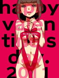 Rule 34 | 10s, 1girl, 2011, blush, bow, breasts, brown hair, covered erect nipples, happy valentine, hoshino lily, naked ribbon, original, ribbon, short hair, solo, valentine