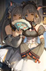 Rule 34 | 2girls, animal ears, apron, bell, bell earrings, blue eyes, breasts, cat ears, cleavage, closed mouth, covering own mouth, detached sleeves, earrings, folding fan, grey hair, hand fan, heterochromia, highres, holding, holding fan, hoojiro, jewelry, jingle bell, long hair, long sleeves, looking at viewer, maid, medium breasts, multiple girls, original, puffy detached sleeves, puffy short sleeves, puffy sleeves, short sleeves, smile, standing, white apron, wide sleeves, yellow eyes