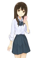 Rule 34 | 1girl, ashiya hiro, blue bow, blue skirt, blush, bow, brown eyes, brown hair, cellphone, commentary request, cowboy shot, fingernails, grin, hand up, head tilt, holding, holding phone, long hair, long sleeves, looking at viewer, original, phone, pleated skirt, school uniform, shirt, simple background, skirt, smile, solo, white background, white shirt