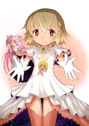Rule 34 | 3girls, :&gt;, :d, bad id, bad pixiv id, blonde hair, bow, brown eyes, brown hair, chibi, company connection, cosplay, creator connection, dress, gerisita, gloves, hair bow, hair ornament, hairclip, hidamari sketch, kaname madoka, long hair, mahou shoujo madoka magica, mahou shoujo madoka magica (anime), miyako (hidamari sketch), multiple girls, navel, open mouth, pink hair, shaft (company), short twintails, smile, spoilers, twintails, two side up, ultimate madoka, ultimate madoka (cosplay), ume-sensei, yuno (hidamari sketch), | |, || ||