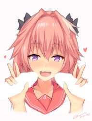 Rule 34 | 1boy, astolfo (fate), astolfo (sailor paladin) (fate), black bow, blush, bow, censored, collarbone, commentary request, dated, double handjob, double v, fang, fate/apocrypha, fate/grand order, fate (series), hair bow, hair intakes, handjob, heart, heart-shaped pupils, kuavera, long hair, male focus, mars symbol, multicolored hair, official alternate costume, open mouth, penis, penis silhouette, pink hair, pink sailor collar, purple eyes, sailor collar, sailor shirt, shirt, signature, simple background, smile, streaked hair, symbol-shaped pupils, trap, v, yaoi