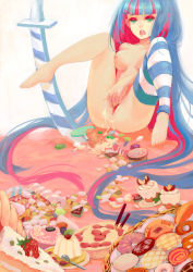 Rule 34 | 10s, 1girl, absurdres, bad id, bad pixiv id, barefoot, blue hair, breasts, cake, candy, colored inner hair, cookie, feet, female masturbation, fingering, food, green eyes, highres, ice cream, kouko (thorax), long hair, masturbation, multicolored hair, panty &amp; stocking with garterbelt, pudding, purple hair, pussy, pussy juice, qiangzi, solo, spread legs, stocking (psg), striped clothes, striped thighhighs, stripes i &amp; ii, sword, thighhighs, thorax, two-tone hair, uncensored, very long hair, weapon