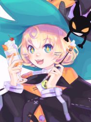Rule 34 | + +, 1girl, black bow, black jacket, blonde hair, blue eyes, bow, cat, commentary, cup, english commentary, fork, halloween, hat, highres, holding, holding cup, holding fork, jacket, jean faymas (artist), lucie (millie parfait), millie parfait, nijisanji, nijisanji en, off shoulder, orange sweater, parfait, shirt, short hair, solo, sweater, virtual youtuber, white shirt, witch, witch hat