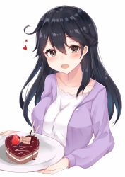 Rule 34 | 10s, 1girl, :d, absurdres, blush, braid, breasts, buttons, cake, casual, chocolate cake, coffeedog, collarbone, commentary request, cowlick, food, french braid, fruit, hair between eyes, happy birthday, heart, highres, holding, holding plate, jacket, kantai collection, long hair, long sleeves, looking at viewer, medium breasts, open clothes, open jacket, open mouth, pink jacket, plate, pocky, ringed eyes, shirt, simple background, smile, solo, straight hair, strawberry, tareme, unbuttoned, upper body, ushio (kancolle), white hair, white shirt