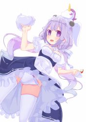 Rule 34 | 1girl, :d, alternate costume, anchor symbol, azur lane, blush, bow, bow panties, breasts, cup, enmaided, from below, gluteal fold, gradient hair, highres, holding, holding teapot, hujikok, long hair, looking at another, looking at viewer, maid, medium breasts, multicolored hair, open mouth, panties, puffy short sleeves, puffy sleeves, purple bow, purple eyes, purple hair, saucer, short sleeves, simple background, skindentation, smile, solo, stuffed winged unicorn, tea, teacup, teapot, thighhighs, twintails, two-tone hair, underwear, unicorn (azur lane), white background, white panties, white thighhighs