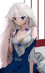 Rule 34 | 1girl, blue eyes, braid, breasts, cleavage, geppewi, hair ribbon, hand in own hair, image sample, izayoi sakuya, jewelry, messy hair, necklace, off shoulder, ribbon, silver hair, small breasts, solo, touhou, tress ribbon, twin braids, underwear, undressing