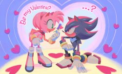 Rule 34 | 1boy, 1girl, ?, amy rose, animal ears, black footwear, black fur, boots, box, dress, english text, fang, flower, from side, furry, furry female, furry male, gloves, gold bracelet, green eyes, heart, heart-shaped box, highres, holding, holding flower, lavender (flower), looking at another, omentu5, on one knee, open mouth, pink footwear, pink fur, red dress, red eyes, red footwear, red fur, shadow the hedgehog, shoes, sleeveless, sleeveless dress, sonic (series), tongue, tongue out, two-tone footwear, valentine, white footwear, white gloves