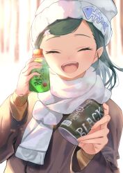Rule 34 | 1girl, ^ ^, blush, bottle, brown coat, can, canned coffee, closed eyes, coat, drink can, facing viewer, green hair, hair ornament, highres, holding, holding bottle, holding can, idolmaster, idolmaster cinderella girls, incoming drink, nontan (february2nd), scarf, shuto aoi, smile, snowflake hair ornament, solo, upper body, white headwear, white scarf