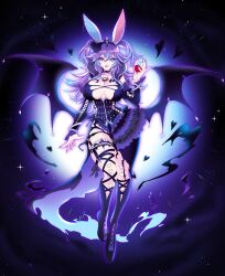 Rule 34 | 1girl, absurdres, alcohol, animal ears, black bow, black choker, black corset, black footwear, black sleeves, black wings, blue eyes, blue hair, boots, bow, breasts, choker, clothing cutout, collarbone, corset, cottontail (vtuber), cross-laced clothes, cross-laced corset, cross-laced footwear, cross-laced sleeves, cup, detached sleeves, drinking glass, eyelashes, fingernails, fishnet pantyhose, fishnets, freckles, frilled skirt, frills, hair between eyes, heart cutout, heterochromia, highres, holding, holding cup, indie virtual youtuber, knee boots, knife sheath, large breasts, long hair, maiulive, multicolored hair, pantyhose, purple eyes, purple hair, purple lips, purple nails, rabbit ears, red wine, sharp fingernails, sheath, skirt, solo, streaked hair, thigh sheath, tiara, two side up, virtual youtuber, wine, wine glass, wings