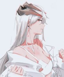 Rule 34 | 1girl, arknights, bra, breasts, cleavage, dragon horns, earclip, grey hair, hair between eyes, horns, large breasts, long hair, looking at viewer, off shoulder, open clothes, open shirt, orange eyes, saria (arknights), shirt, simple background, solo, underwear, upper body, white background, white bra, white shirt, yoshimi (yasinatongren)