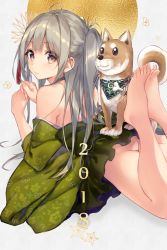 Rule 34 | 1girl, 2018, ahoge, animal, ass, bare legs, bare shoulders, barefoot, blue eyes, blush, bow, cartoon bone, closed mouth, dog, feet, feet together, floral print, from behind, green bow, green kimono, japanese clothes, kimono, long hair, looking at viewer, looking back, lying, no bra, no panties, off shoulder, on stomach, original, print kimono, purple eyes, silver hair, solo, sushikuugo (suisen), tareme, the pose, toes, twintails, wide sleeves, yukata