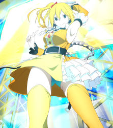 Rule 34 | 1girl, armpits, asymmetrical legwear, belt, blue panties, bow, chain, closed mouth, dress, frilled dress, frills, full body, holding, holding microphone, kagerou project, kisaragi momo, legs, looking at viewer, microphone, mismatched legwear, orange hair, orange legwear, panties, pointing, pointing at viewer, red eyes, short hair, side ponytail, smile, underwear