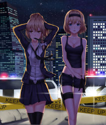Rule 34 | 2girls, adjusting clothes, adjusting gloves, adjusting hair, alice margatroid, alternate costume, alternate hairstyle, arms behind head, backlighting, bad id, bad pixiv id, belt, black gloves, black legwear, blonde hair, blue eyes, bow, bra, braid, breasts, building, car, caution tape, city, cityscape, cleavage, contemporary, du mogu, gloves, hair bow, hairband, highres, holster, jacket, keep out, kirisame marisa, lace, lace-trimmed bra, lace-trimmed panties, lace trim, light, long sleeves, medium breasts, midriff, motor vehicle, mouth hold, multiple girls, necktie, night, night sky, open fly, panties, parted lips, police car, ponytail, shirt, short hair, short shorts, shorts, side braid, single braid, single glove, skirt, sky, sleeveless, star (sky), starry sky, tank top, thigh gap, thigh holster, thighhighs, touhou, tying hair, underwear, unzipped, vehicle, wind, yellow eyes, zettai ryouiki