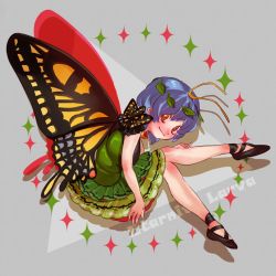 Rule 34 | 1girl, antennae, bare arms, black footwear, blue hair, bright pupils, butterfly wings, character name, closed mouth, dress, eternity larva, fairy, full body, green dress, hair ornament, highres, insect wings, leaf, leaf hair ornament, looking at viewer, masanaga (tsukasa), orange eyes, shoes, short hair, silhouette, smile, solo, touhou, typo, white pupils, wings, yellow wings
