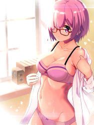 Rule 34 | 1girl, alternate costume, bare shoulders, book, bow, bow panties, bra, closed mouth, collarbone, cowboy shot, day, fate/grand order, fate (series), glasses, groin, hair over one eye, highres, indoors, long sleeves, looking at viewer, mash kyrielight, midriff, navel, off shoulder, panties, purple bow, purple bra, purple eyes, purple hair, purple panties, red-framed eyewear, shirt, solo, standing, stomach, tomitayaki, underwear, undressing, white shirt, window