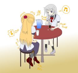 Rule 34 | !, 2girls, black legwear, blonde hair, blue eyes, blue shirt, blue skirt, bow, bowtie, chair, closed mouth, cup, drink, drinking glass, drinking straw, expressionless, female focus, flower, from behind, full body, gradient background, grey footwear, grey legwear, hair flower, hair ornament, hand up, have to pee, japanese text, jirene, jpeg artifacts, jug (bottle), long hair, looking at another, multiple girls, musical note, original, puffy short sleeves, puffy sleeves, red flower, red footwear, red neckwear, red rose, rose, school uniform, shirt, shoes, short sleeves, simple background, sitting, skirt, socks, table, thought bubble, translation request, trembling, yellow background