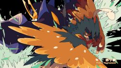 Rule 34 | amehatohonya, animal focus, archaic japanese text, back-to-back, beak, bird, black background, blue eyes, colored sclera, creatures (company), decidueye, dynamic pose, empoleon, english text, feather hair, feathered wings, feathers, flippers, game freak, gen 4 pokemon, gen 7 pokemon, green feathers, highres, incoming attack, nintendo, no humans, orange feathers, owl, penguin, plume, pokemon, pokemon (creature), pokken tournament, red eyes, red feathers, spread wings, talons, water, waves, winged arms, wings, yellow feathers