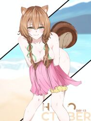 1girl aion_tesla animal_ears ayunda_risu beach blush fluffy green_eyes highres holding holding_unworn_clothes hololive hololive_indonesia looking_at_viewer nude solo squirrel_ears squirrel_girl squirrel_tail sweat sweatdrop tail twintails virtual_youtuber