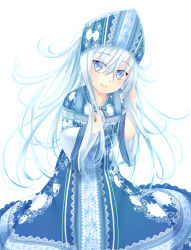 Rule 34 | 10s, 1girl, alternate costume, baretto, baretto (firearms 1), blue eyes, dress, hat, hibiki (kancolle), kantai collection, long hair, looking at viewer, russian clothes, slavic clothes, smile, solo, white background, white hair