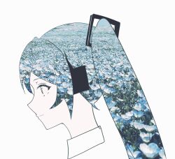 Rule 34 | 1girl, closed mouth, collar, double exposure, eyebrows visible through hat, flower, from side, hatsune miku, head only, headphones, highres, light smile, long hair, multicolored hair, nemophila (flower), photo inset, potetoneko, profile, vocaloid, white background
