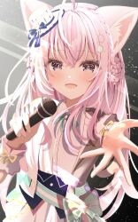 Rule 34 | 1girl, absurdres, animal ears, hakui koyori, hat, highres, hololive, holox, long hair, looking at viewer, microphone, mini hat, open mouth, pink hair, purple eyes, smile, solo, torimuraa, virtual youtuber