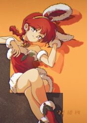 Rule 34 | 1girl, animal ears, belt, black choker, bow, breasts, choker, christmas, cleavage, closed eyes, dated, dress, fake animal ears, highres, legs, leotard, looking at viewer, luuxiriver, medium breasts, orange background, playboy bunny, rabbit ears, ranma-chan, ranma 1/2, red bow, red hair, santa costume, shadow, simple background, sitting, smile, solo