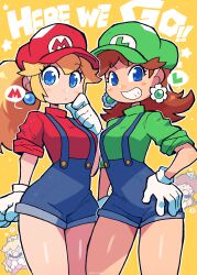 Rule 34 | 2girls, absurdres, blonde hair, blue eyes, blue overalls, brown hair, cosplay, costume switch, crown, earrings, english text, facial hair, gloves, green headwear, green shirt, hat, highres, jewelry, legs, looking at viewer, luigi, luigi (cosplay), mario, mario (cosplay), mario (series), medium hair, multiple girls, mustache, nintendo, overall shorts, overalls, ponytail, princess daisy, princess daisy (cosplay), princess peach, princess peach (cosplay), rariatto (ganguri), red headwear, red shirt, shiny skin, shirt, short sleeves, shorts, speech bubble, sphere earrings, super mario bros. 1, teeth, white gloves, yellow background