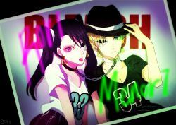 Rule 34 | 2girls, arrancar, bad id, bad pixiv id, black hair, black shirt, bleach, blonde hair, breasts, chain, character name, cleavage, collar, copyright name, earrings, eyepatch, green eyes, hat, jewelry, loly aivirrne, long hair, looking at viewer, menoly mallia, multiple girls, purple eyes, ronisuke, shirt, short hair, skirt, striped clothes, striped skirt, triangle earrings, twintails, white shirt
