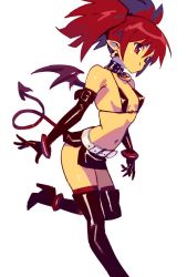 Rule 34 | 1girl, bare shoulders, bat wings, belt, bikini, bikini top only, boots, bracelet, breasts, buckle, choker, demon girl, demon tail, disgaea, earrings, elbow gloves, etna (disgaea), gloves, high heel boots, high heels, highres, jewelry, leather, mini wings, miniskirt, navel, o-ring, o-ring choker, optionaltypo, pointy ears, red eyes, red hair, sidelocks, skirt, skull earrings, small breasts, smile, solo, swimsuit, tail, thigh boots, thighhighs, twintails, white background, white belt, wings, zettai ryouiki