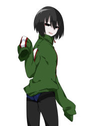 Rule 34 | 1girl, black eyes, black hair, black pantyhose, blue shirt, bob cut, commentary, cowboy shot, empty eyes, from behind, green sweater, hair between eyes, highres, kakoikaren, looking at viewer, looking back, monogatari (series), no pants, open mouth, oshino ougi, pantyhose, shirt, short hair, simple background, sleeves past wrists, smile, solo, string, string of fate, striped sleeves, sweater, turtleneck, white background, white stripes