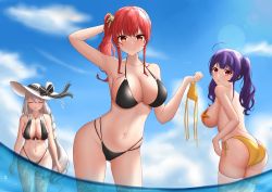 Rule 34 | 3girls, :o, absurdres, ahoge, aquila (a sip of sardegnian elegance) (azur lane), aquila (azur lane), arm up, ass, azur lane, back, bikini, unworn bikini top, black bikini, blue sky, bow, braid, braided ponytail, breasts, butt crack, closed eyes, closed mouth, cloud, contrapposto, day, hair ornament, hat, hat bow, highleg, highleg bikini, highres, jewelry, laichange, large breasts, long hair, looking at viewer, looking back, multiple girls, navel, outdoors, pendant, pola (azur lane), pola (seaside coincidence) (azur lane), purple hair, red eyes, red hair, side-tie bikini bottom, side ponytail, skindentation, sky, starfish, stomach, sun hat, sunlight, swimsuit, thigh strap, thighhighs, thighs, topless, twintails, very long hair, wading, white thighhighs, yellow bikini, zara (azur lane), zara (poolside coincidence) (azur lane)