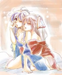 Rule 34 | 2girls, alternate costume, bad id, bad twitter id, bed, behind another, blue hair, blush, bow, breasts, cleavage, closed eyes, couple, fingernails, fujiwara no mokou, hair bow, highres, hug, hug from behind, kamishirasawa keine, komaku juushoku, light purple hair, long hair, long sleeves, multicolored hair, multiple girls, off shoulder, one eye closed, open mouth, pillow, pink background, robe, sidelocks, small breasts, tearing up, tears, thighs, toes, touhou, two-tone hair, very long hair, waking up, white hair, wide sleeves, wiping tears, yuri
