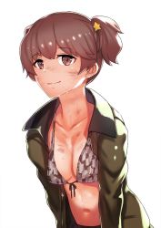 Rule 34 | 10s, 1girl, alisa (girls und panzer), bikini, breasts, brown eyes, brown hair, brown jacket, camouflage, camouflage bikini, collarbone, dirty, freckles, front-tie bikini top, front-tie top, girls und panzer, hair ornament, hamushima, jacket, leaning forward, navel, open clothes, open jacket, saunders military uniform, school uniform, short hair, short twintails, simple background, small breasts, smile, solo, star (symbol), star hair ornament, sweat, swimsuit, twintails, very short hair, white background