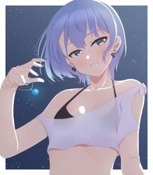 Rule 34 | 1girl, absurdres, aqua eyes, bikini, bikini under clothes, black bikini, blue hair, blue nails, border, bow, bow earrings, breasts, crop top, earrings, grin, highres, holding, holding jewelry, holding necklace, hololive, hoshimachi suisei, jewelry, loeldrive, looking at viewer, necklace, off-shoulder shirt, off shoulder, outside border, shirt, short hair, sky, small breasts, smile, solo, star (sky), star (symbol), star in eye, starry sky, swimsuit, symbol in eye, upper body, virtual youtuber, white border, white shirt