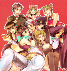 Rule 34 | 1boy, 6+girls, bare shoulders, battle tendency, blonde hair, breasts, brown hair, bug, chain, cleavage cutout, clothing cutout, diamond is not crash, dixie cup hat, double bun, finger to mouth, genderswap, genderswap (mtf), giorno giovanna, green eyes, hair bun, harem, hat, higashikata josuke, higashikata josuke (jojolion), insect, johnny joestar, jojo no kimyou na bouken, jojolion, jonathan joestar, joseph joestar, joseph joestar (young), kuujou jolyne, kuujou joutarou, ladybug, large breasts, long hair, looking at viewer, military hat, multicolored hair, multiple girls, one eye closed, open mouth, pants, peaked cap, phantom blood, pompadour, short hair, simple background, smile, stardust crusaders, steel ball run, stone ocean, tatsumi, thighhighs, tomboy, two-tone hair, vento aureo, white pants, wink