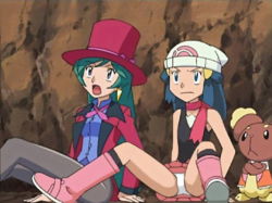 Rule 34 | 00s, 2girls, :&lt;, :o, angry, aqua hair, arm support, bare shoulders, beanie, blazer, blue eyes, blue hair, boots, bow, buneary, creatures (company), crossed arms, dawn (pokemon), earrings, female focus, flat chest, francesca, francesca (pokemon), frown, game freak, gen 4 pokemon, green hair, grey legwear, hair ornament, half updo, hat, hat bow, jacket, jewelry, jpeg artifacts, knee boots, legs, long hair, long sleeves, looking to the side, looking up, magician, multiple girls, nintendo, on ground, open clothes, open jacket, open mouth, open vest, outdoors, panties, pantyhose, pantyshot, pink skirt, pleated skirt, poke ball print, pokemon, pokemon (anime), pokemon (creature), pokemon dp070, pokemon dppt (anime), red scarf, rock, scarf, screencap, shirt, sidelocks, sitting, skirt, spread legs, surprised, third-party edit, top hat, underwear, upskirt, vest, white panties