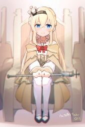 Rule 34 | 1girl, absurdres, aged down, black footwear, black headwear, blonde hair, blue eyes, blush, closed mouth, crown, dress, flower, full body, hair between eyes, highres, jewelry, kantai collection, long hair, looking at viewer, ma rukan, mini crown, necklace, off-shoulder dress, off shoulder, red flower, red ribbon, red rose, ribbon, rose, shoes, signature, sitting, smile, solo, thighhighs, throne, warspite (kancolle), white dress, white thighhighs