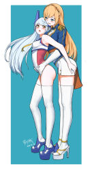 Rule 34 | 2girls, blonde hair, blue background, blue eyes, blue footwear, blue hair, blue jacket, blush, braid, breasts, covered erect nipples, crown braid, epaulettes, flag print, full body, gloves, hand on another&#039;s ass, hand on another&#039;s hip, headgear, high heels, highres, jacket, jiaoshouwen, le fantasque (warship girls r), long hair, looking at another, looking back, military, military jacket, military uniform, multiple girls, one-piece swimsuit, open mouth, orange eyes, outside border, richelieu (warship girls r), shoes, shorts, simple background, standing, swimsuit, tank top, thighhighs, uniform, warship girls r, white footwear, white gloves, white legwear, white shorts, yuri