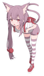 Rule 34 | 1girl, animal ears, backpack, bag, brown eyes, brown hair, brown shorts, cat ears, cat tail, downblouse, hair bobbles, hair ornament, long hair, open mouth, original, paryi, randoseru, shirt, shoes, shorts, side ponytail, solo, striped clothes, striped shirt, striped thighhighs, tail, thighhighs