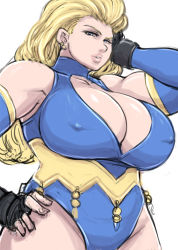 Rule 34 | 1girl, artist request, big hair, blonde hair, blonde pubic hair, blue eyes, blue gloves, breasts, curly hair, earrings, elbow gloves, fingerless gloves, gloves, huge breasts, jewelry, lips, long hair, mary ivonskaya, solo, source request, square enix, tagme, thighhighs, tobal no. 1