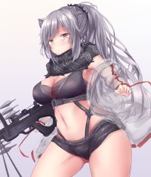 Rule 34 | 1girl, animal ears, arknights, bow (weapon), breasts, brown eyes, cleavage, commentary request, crossbow, crossbow bolt, gradient background, grey background, highres, jacket, long hair, medium breasts, navel, schwarz (arknights), short shorts, shorts, silver hair, solo, thighs, weapon, yuuki shuri
