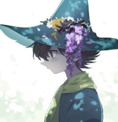 Rule 34 | 1boy, black hair, blue hat, closed mouth, flower, from side, hat, hat flower, highres, leaf, male focus, moomin, nose, osasimiyabai, profile, purple flower, simple background, snufkin, solo, upper body, yellow flower