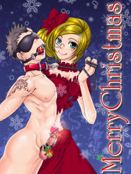 Rule 34 | 1boy, 1girl, artist request, ball gag, bdsm, blindfold, blonde hair, bow, brown hair, chastity belt, christmas, clothed female nude male, collar, femdom, gag, gagged, green eyes, hair bow, leash, leash pull, looking at viewer, nipples, nude, penis, short hair, smile, tattoo, uncensored