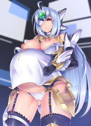 Rule 34 | 1girl, absurdres, ahoge, blue hair, breasts, commentary request, eyepatch, forehead protector, gatchu, gloves, highres, kos-mos, kos-mos ver. 4, large breasts, long hair, nipples, panties, pregnant, red eyes, thighs, underwear, xenosaga