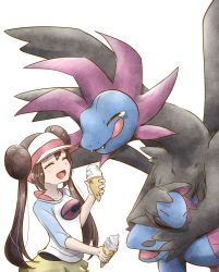 Rule 34 | 1girl, :d, ^ ^, brown hair, closed eyes, closed mouth, creatures (company), double bun, dragon, face-to-face, food, game freak, gen 5 pokemon, hair bun, hand up, happy, highres, holding, holding food, hydreigon, ice cream, ice cream cone, kashiwa (3920kashiwa), licking, licking finger, long hair, multiple heads, nintendo, open mouth, pantyhose, pokemon, pokemon (creature), pokemon bw2, raglan sleeves, rosa (pokemon), shirt, short sleeves, sidelocks, simple background, size difference, smile, soft serve, tearing up, tongue, tongue out, twintails, upper body, very long hair, visor cap, white background, |d
