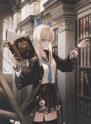 Rule 34 | 1girl, 2no (pixiv75196219), ahoge, black coat, black sailor collar, black skirt, black thighhighs, blonde hair, blue bow, blue neckerchief, blurry, blurry foreground, book, bookshelf, bow, coat, collarbone, collared shirt, floating, floating book, floating object, hair bow, highres, indoors, ladder, long hair, long sleeves, looking at viewer, magic, miniskirt, neckerchief, open clothes, open coat, original, pleated skirt, print skirt, sailor collar, sailor shirt, shirt, skirt, solo, thighhighs, white shirt, zettai ryouiki