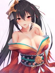 Rule 34 | 1girl, ahoge, azur lane, bare shoulders, black hair, blush, breasts, cleavage, collarbone, cowboy shot, crossed bangs, feathers, gradient background, hair between eyes, hair ornament, hand up, highres, japanese clothes, kimono, large breasts, long hair, looking at viewer, obi, off shoulder, open mouth, ranju aira, red eyes, red kimono, sash, simple background, smile, solo, taihou (azur lane), twintails, very long hair, wide sleeves