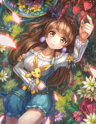 Rule 34 | 10s, 1girl, blush, brown eyes, brown hair, collarbone, earrings, flower, holding, holding stuffed toy, jewelry, long hair, looking at viewer, love live!, love live! school idol festival, love live! school idol project, lying, miazi, minami kotori, on back, smile, solo, striped, striped sleeves, stuffed animal, stuffed rabbit, stuffed toy